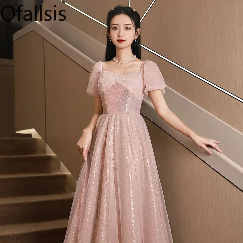 Ofallsis Pink Puff Sleev Evening Dress Autumn New High Class Fairy Sweet Sisters Adult Ceremony Girl Friend Group Dresses