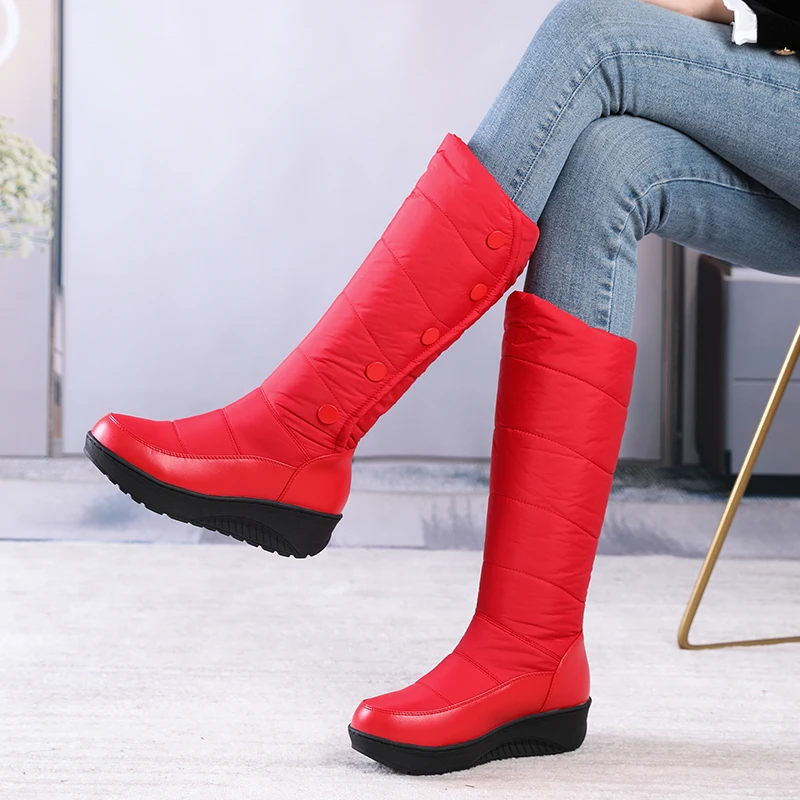 Wedges Snow Boots Women\'s Platform Winter Waterproof Boots 2024 Warm Down Patchwork Leather Fluffy Plush Inside Shoes