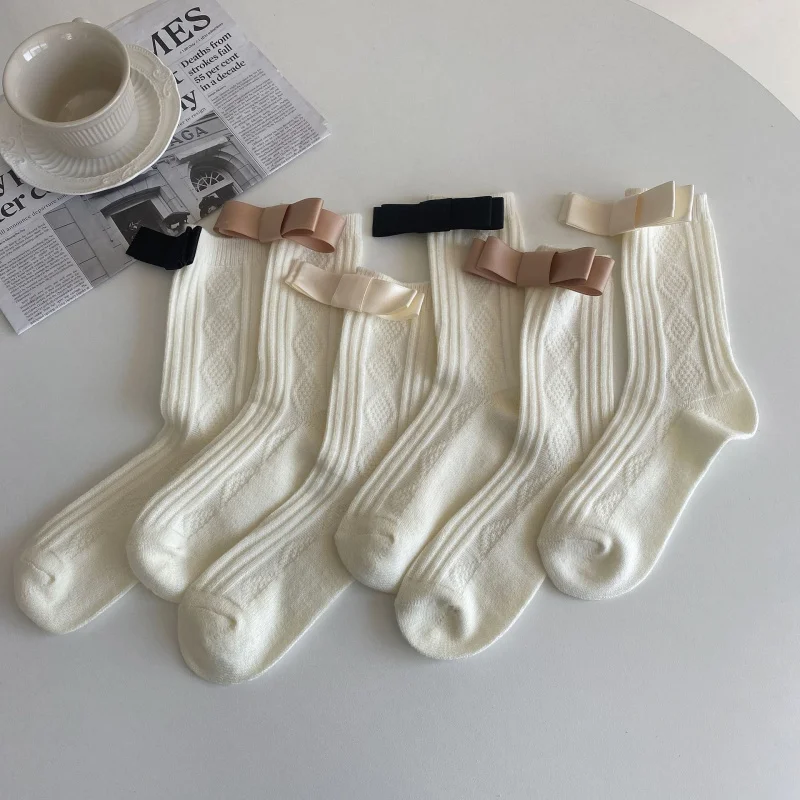 

Autumn Winter New Style Diamond Pattern Twist Mid-Calf Socks Solid Color Melad Color Series Big Bow Sweet Cute Versatile Women's