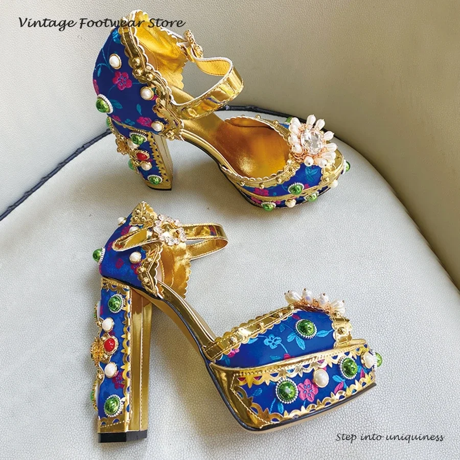 

Винтажные сандалии на платформе с жемчужным цветочным принтом, роскошная обувь с круглым открытым носком и блочным каблуком, летние модные современные сандалии с пряжкой и ремешком