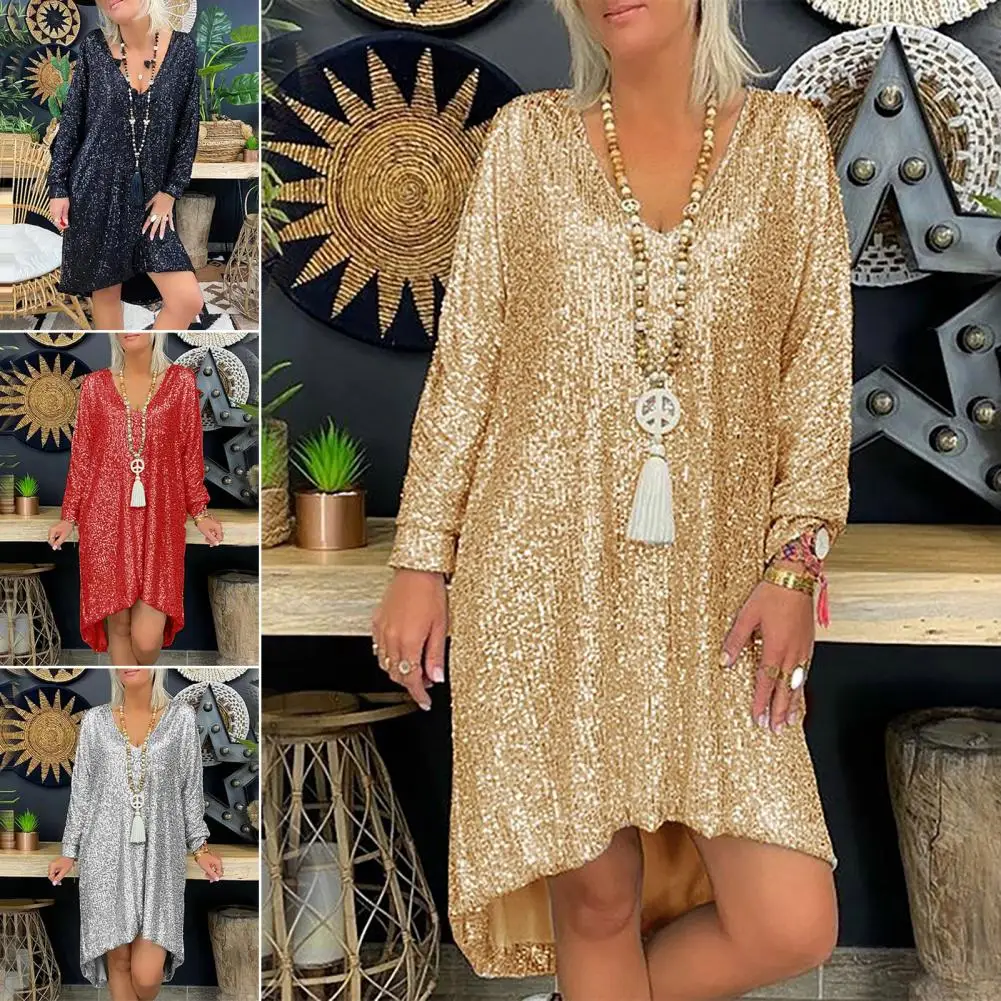 Shiny Sequins Oversized Beach Dress Long Sleeve High-low Hem Sequins Simple Casual Elegant Holiday Dress Party Lady Midi Dress