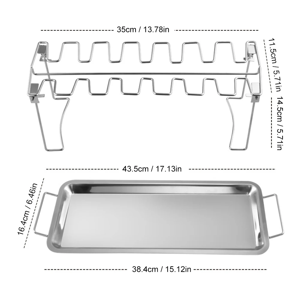 Griglia per cosce di pollo per griglia con vassoio antigoccia cremagliera per bacchette pieghevole in acciaio inossidabile 430 14 slot supporto per