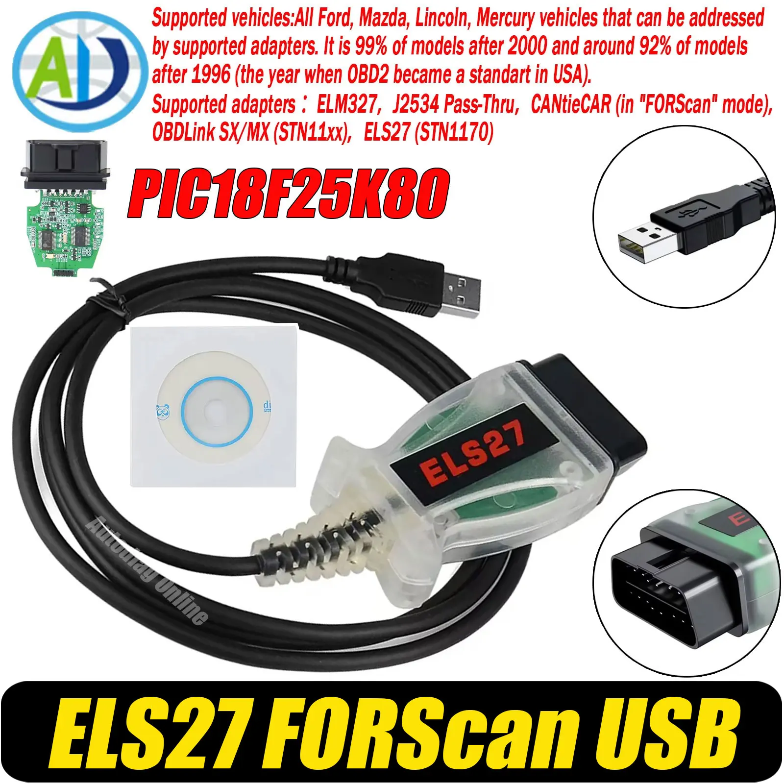 

ELS27 FORScan USB Scanner PIC18F25K80 OBDII Code Reader Multi-Language For Ford/Mazda/Lincoln/Mercury Vehicle ELS327 USB Scanner