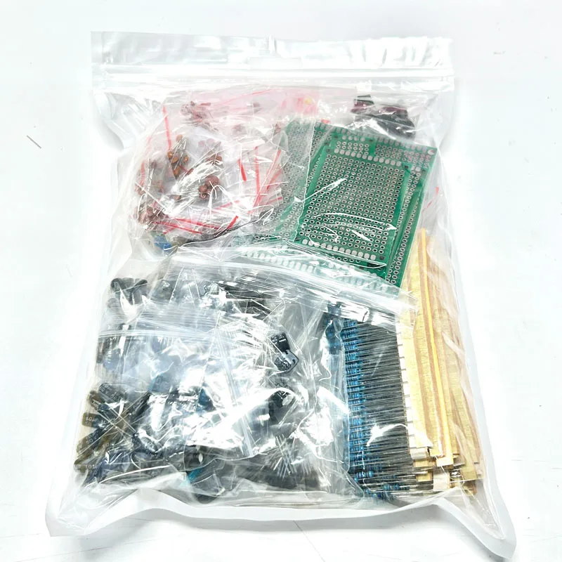 Kit de componentes electrónicos de bricolaje, surtido de resistencias, potenciómetro, piezas, condensadores de triodo LED, diodos, PCB, bolsa/caja,