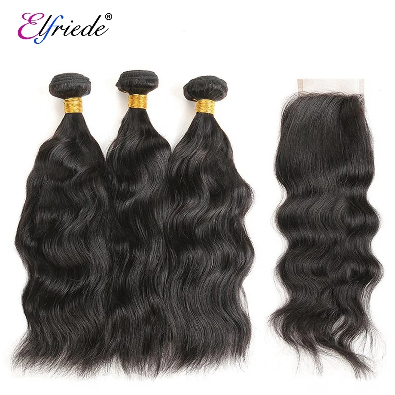 

Elfriede Natural Black Bundles with Closure Natural Wave 100% Brazilian Remy Human Hair Weaves 3 Bundles with 4X4 Lace Closure