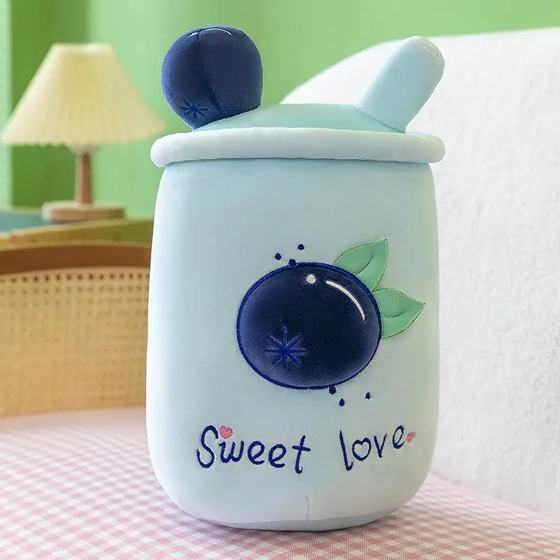 Oreiller de tasse de thé au lait mignon pour enfants, jouet en peluche Kawaii, coussin en peluche, pêche neutre, myrtille, cadeaux pour enfants