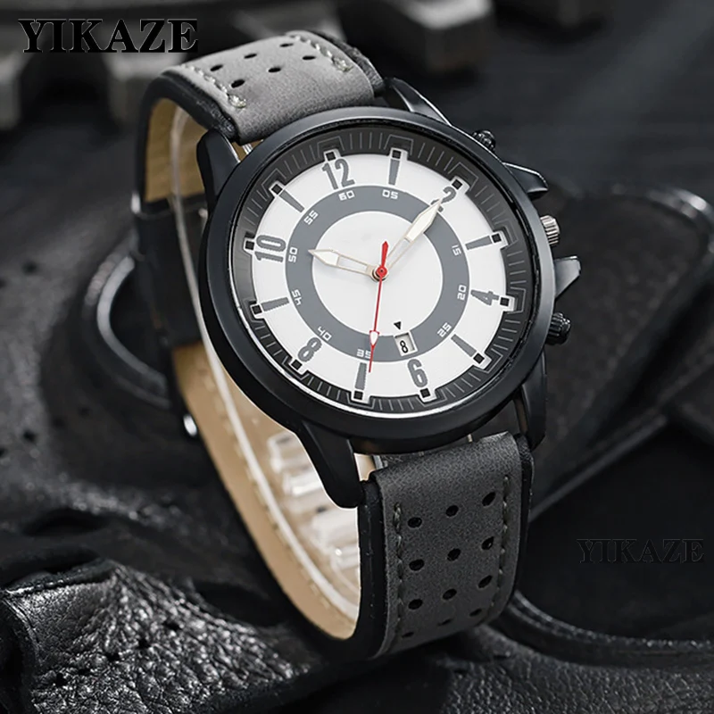 YIKAZE Retro Men\'s Watches Calendar Military Men Quartz Wristwatch Large Dial PU Leather Strap Bracelet Watch for male Student