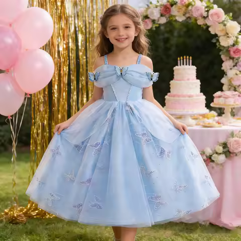 Fashion Embroidery Butterfly Princess Dress Girls Cinderella Cosplay Costumes Blue Gown for Carnival Birthday Evening Dress