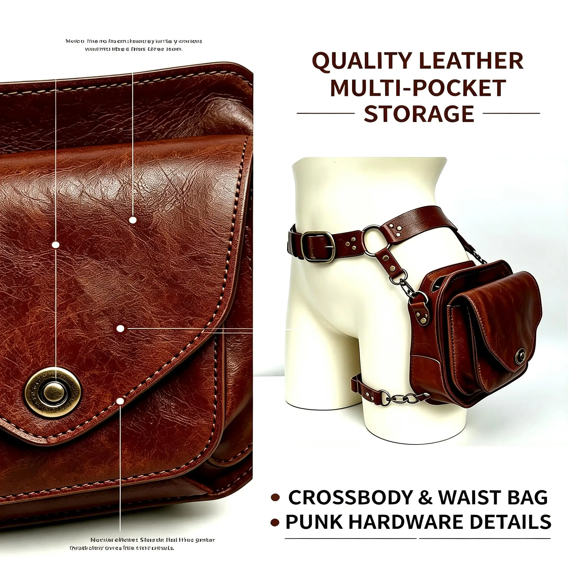 Retro-Ästhetische PU-Quadrattasche, Damen-Crossbody-Bauchtasche, Motorrad-Stil Oberschenkeltasche, Mittelalterliches Ritter-Accessoire für Partys – Detail 1