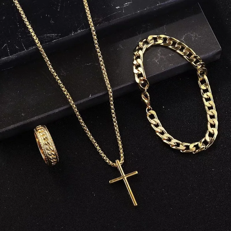 Hip Hop Fashion Cross Pendant Necklace Bracelet Chain Ring Men\'s Set Simple Personality Party Three Piece Jewelry Accessories