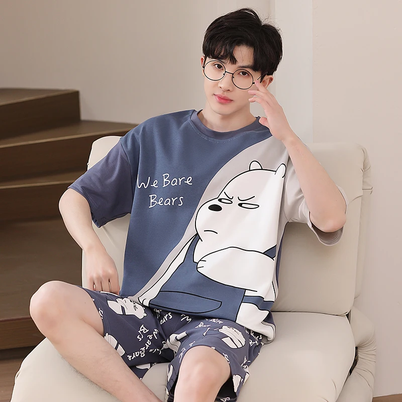 Big Size L-4XL Pijamas Men's Cotton Sleepwear Summer Short Sleeping Top Shorts Nightwear Young Boy Loungewear pajamas for men