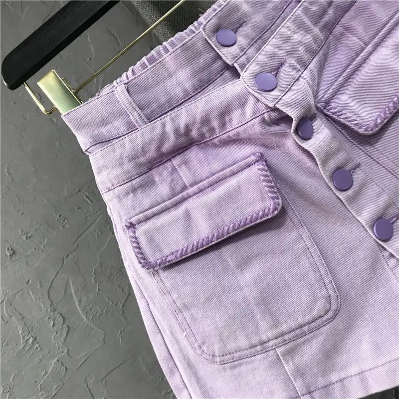 Women's 2024 Summer New Fashion High Waist Korean Spliced Pocket Solid Color Casual Wide Leg Trouser Skirts A-line Denim Shorts