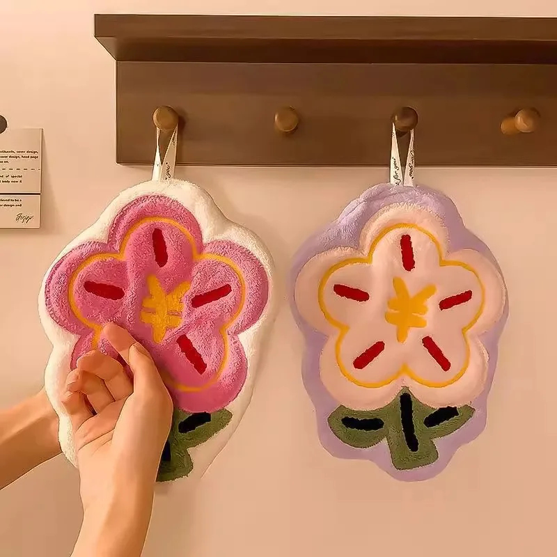 Rich Flower Hand Wipes Cute Cartoon Hanging Water Absorbent Thick Handkerchiefs for Home Kitchen Kitchen Use Hair Drying Hands
