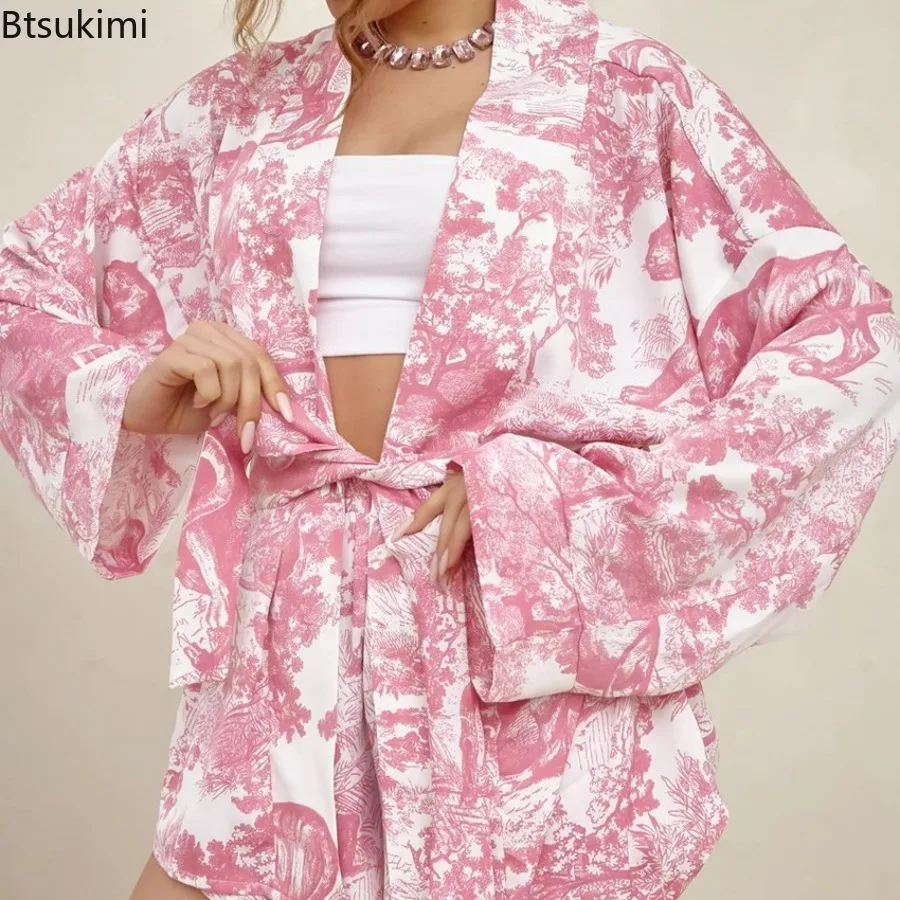 2025 Women's Spring Fashion Comfortable Soft Print Pajamas Two-piece Set Long Sleeve Cardigan Lace-up Top + Shorts Pajamas Set