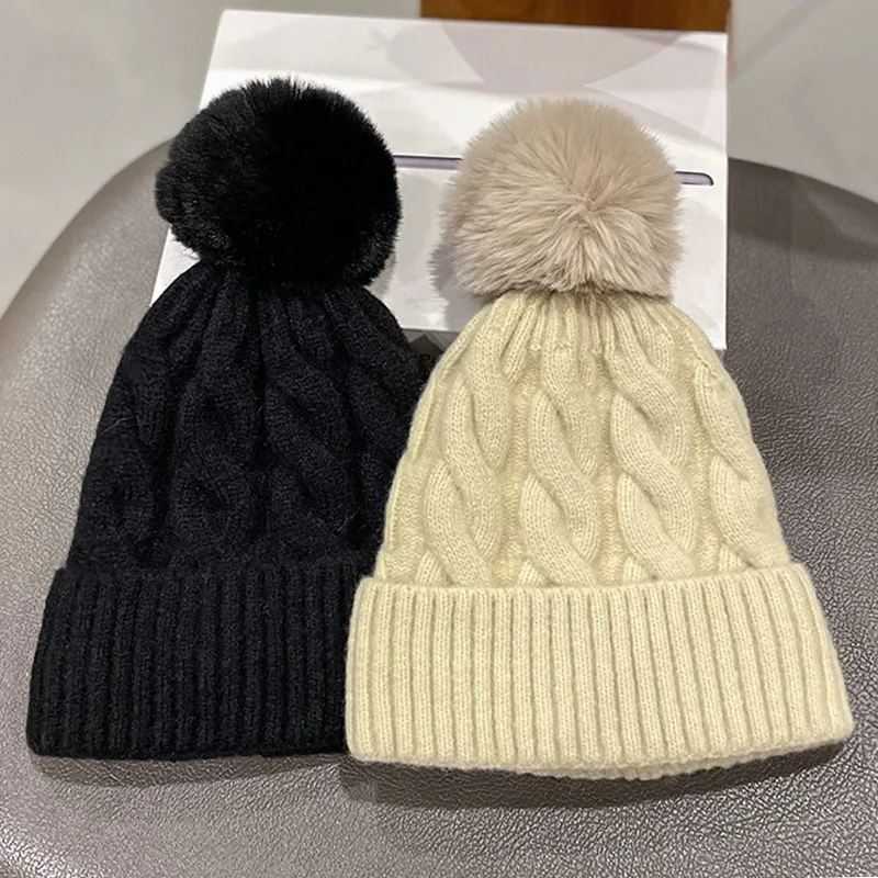 2024 Autumn Winter Men Women Knitted Hat Solid Skuilles Beanies Dad Cap Thick Warm Ski Beanies Caps Girls Cable Knit Pompom