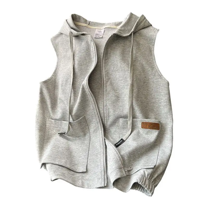 Comfortable Simplicity Handsome Loose Cardigan Zipper Solid Vests Hooded Spring Summer Lacing Pockets Casual Women's Clothing