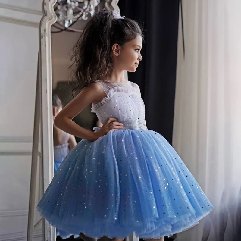 3-10 year old baby clothes new sleeveless mesh sequin fluffy girl princess dress birthday party gradient blue star evening dress