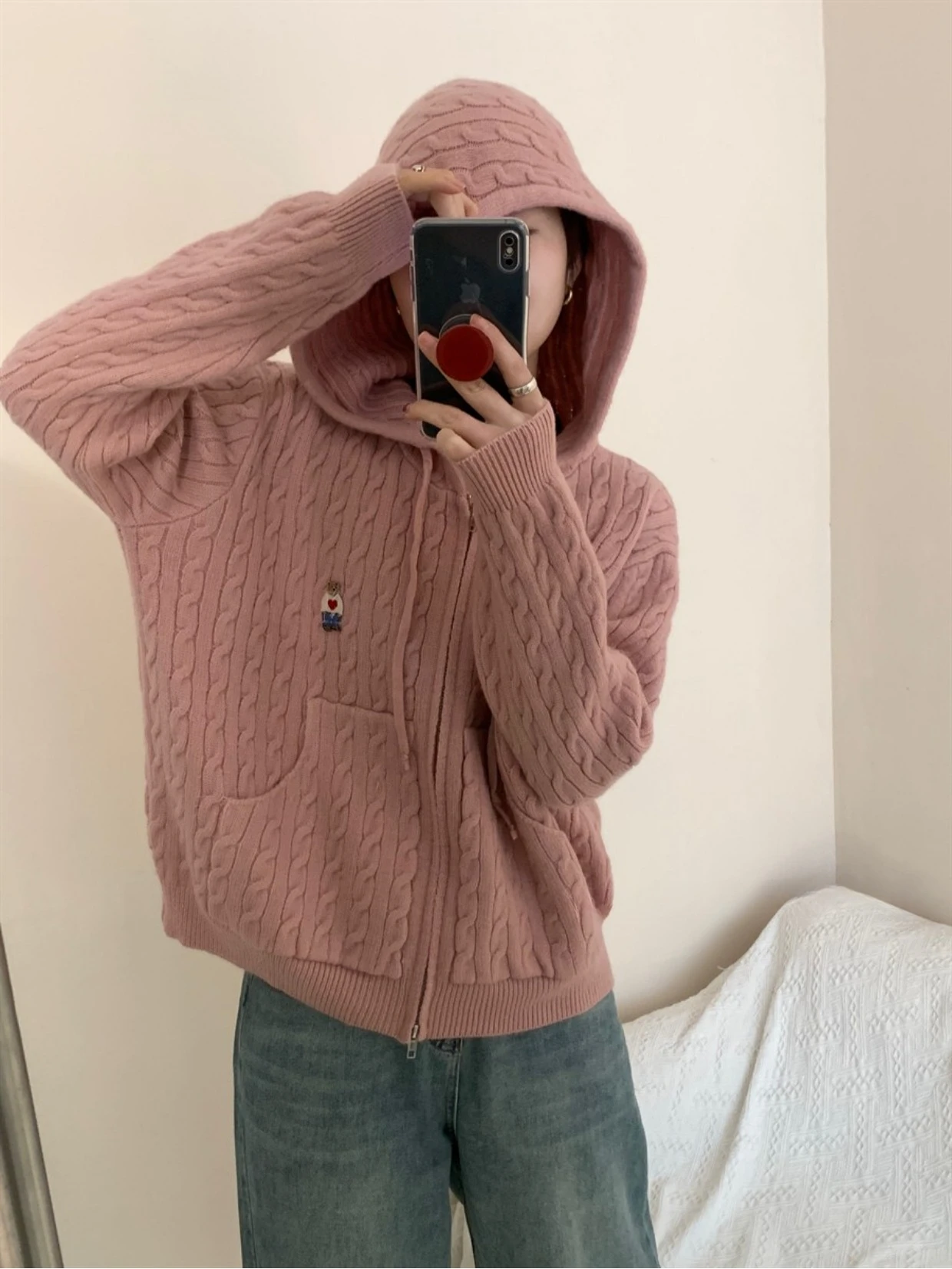 Cute Women\'s Knitted Hoodies with Pockets Zip-up Jacket Autumn Embroidered Bear Sweater Loose Fit Cardigan 2023 Lady Tops