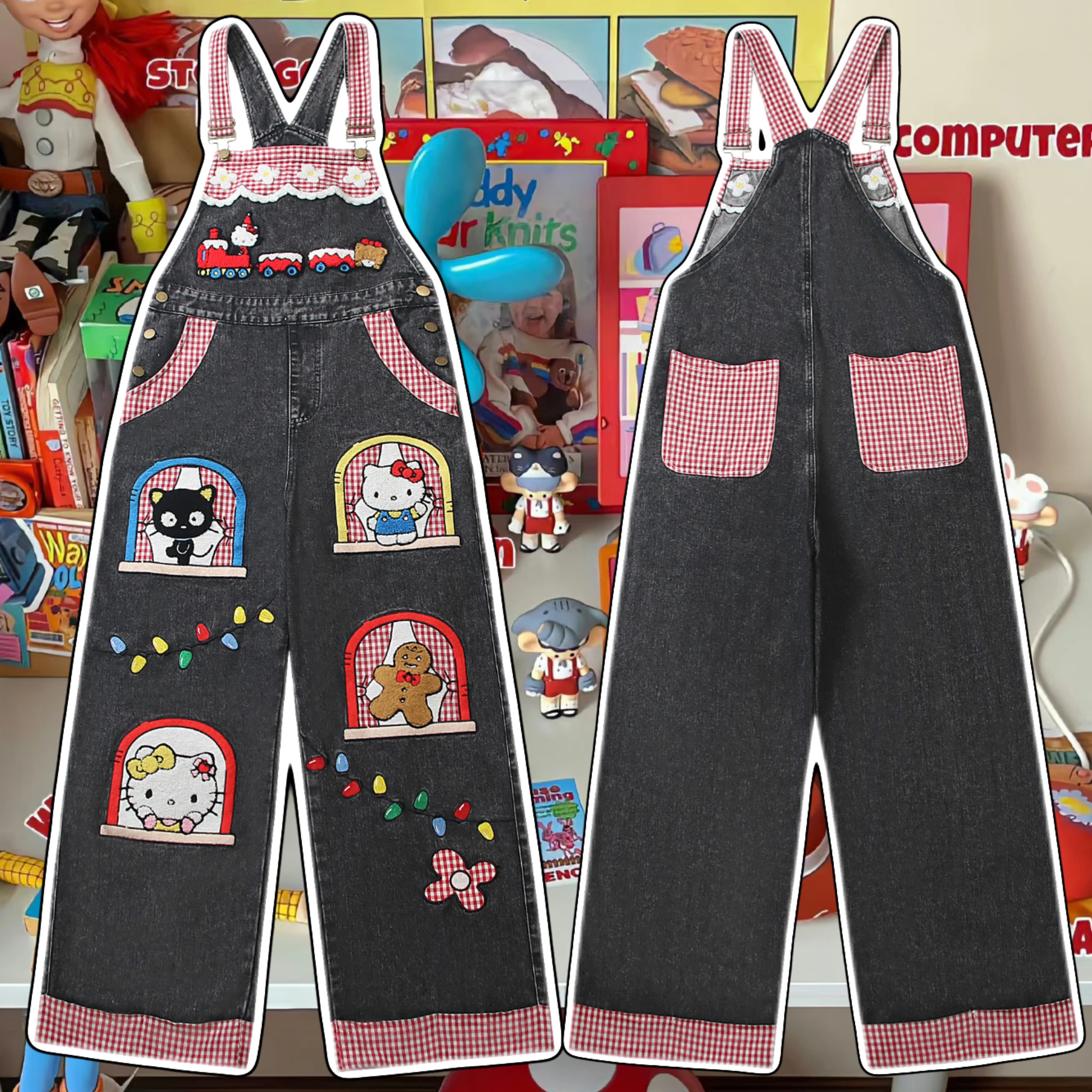 

Американские джинсовые комбинезоны с вышивкой в стиле мультфильмов, свободного кроя, из хлопка, со средней посадкой, на молнии, для осени