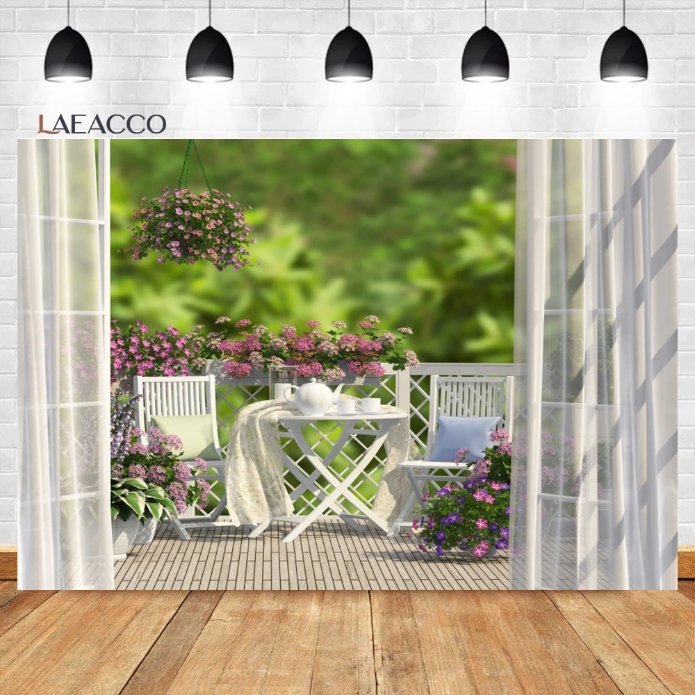 Laeacco Spring Window Scenery Photography Backdrop White Windowsill Floral Green Forest Natural Kids Adults Portrait Background