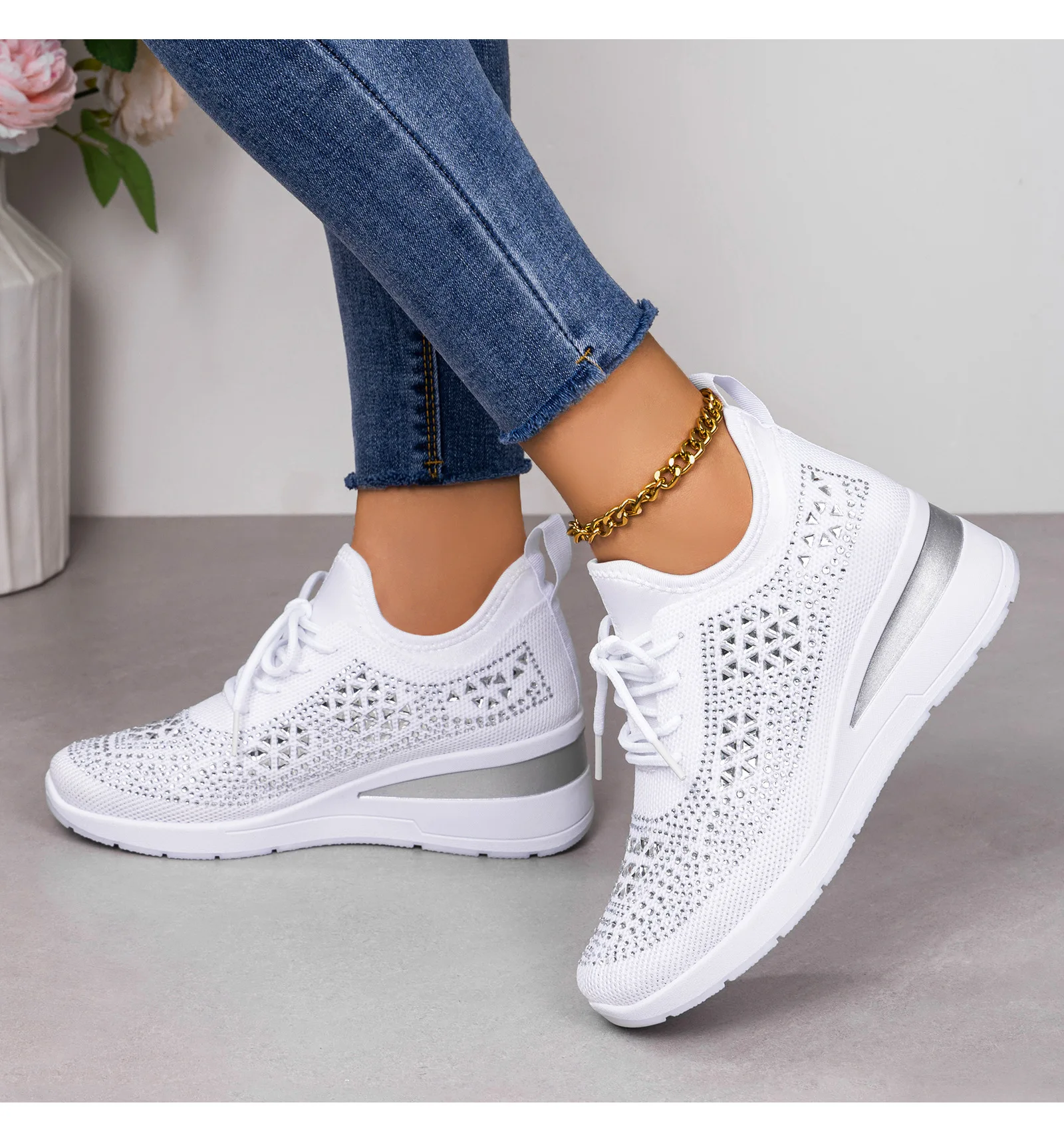 Damen-Sneaker mit Strass-Keilabsatz, atmungsaktives Strickobermaterial, versteckter Absatz, Schnürung, modische Plateau-Walkingschuhe – Detail 10