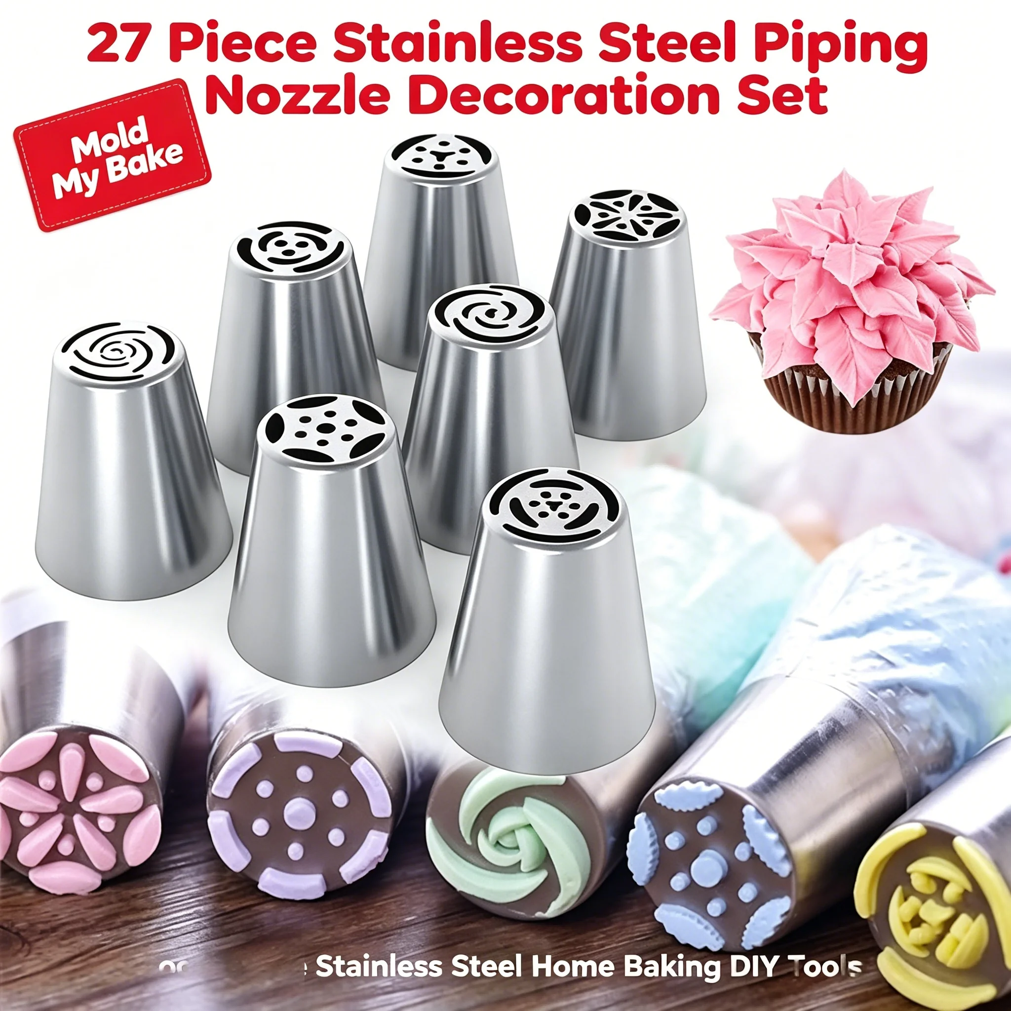 27Pcs Cake Decorating Piping Tips Set, Baking Supplies Kit with Reusable Bags, Couplers, Ties & Brush, Ideal for Beginners, Cupc