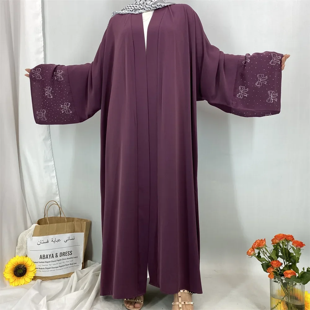 Robe Luxus Heißer Diamant Muslimischen Frauen Lange Lose Kleid Abaya Bogen Robe Lange ärmeln Strickjacke Kleid Einfarbig