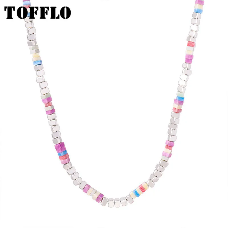 

TOFFLO Stainless Steel Jewelry Colored Multi Color Natural Stone Block Handmade Beaded Pendant Necklace BSP1725