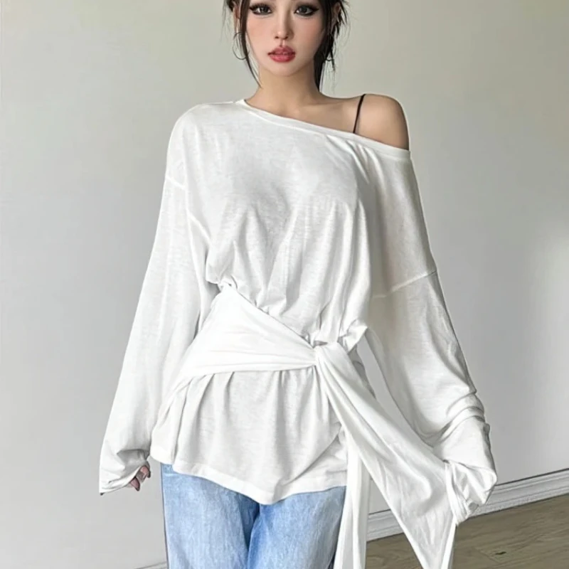 Sexy Thin See Through Long Sleeve Oversize T Shirt Women Bandage Off Shoulder Top Female Basic Long Tees Korean Chic Lady New