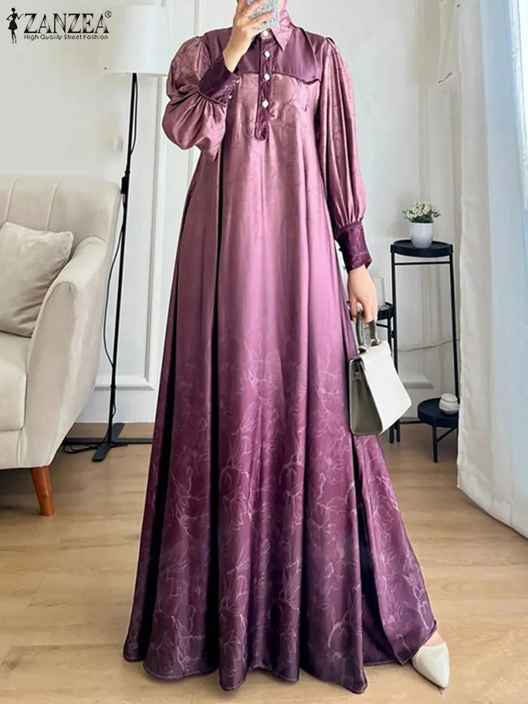 Fashion Printed Muslim Dress Abaya ZANZEA Women Elegant Long Sleeve Maxi Sundress IsIamic Dubai Long Robe Bohemain Vestidos 2024