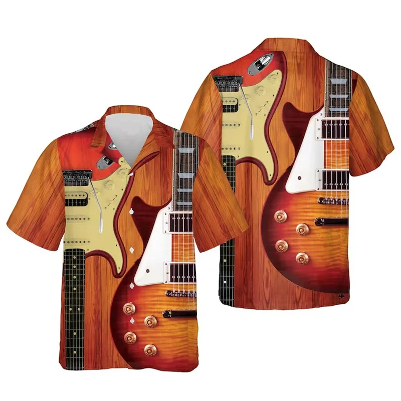 Music Lover Guitar Print Graphic Shirts For Men Hip Hop Rock Lapel Short Sleeve Funny Shirts Summer Popular Music Party Cool