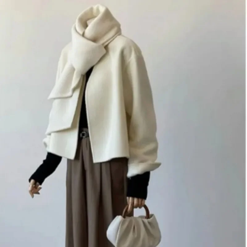 

Fashion Women's Coats fall and winter new scarf collar short section double-sided cashmere coat female round neck, single button