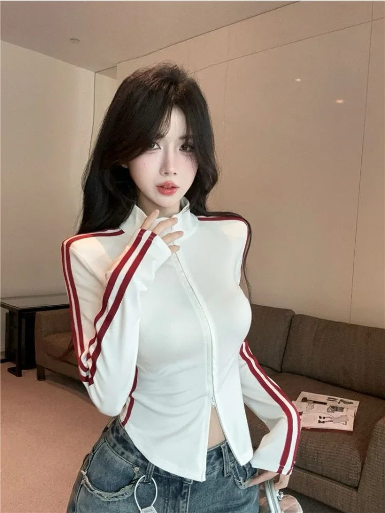 Women's 2026 Autumn American Sweet Hot Girl Stripe Cropped Double Zip Up Long Sleeve Tee Top Cover Up Layering Streetwear Chic