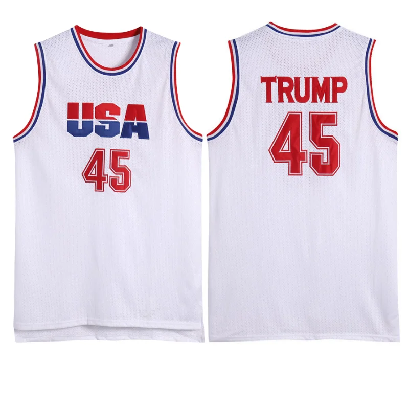 

США Трамп #45 Баскетбольная Джерси Спортивная рубашка белые топы Быстросохнущий логотип вышивка