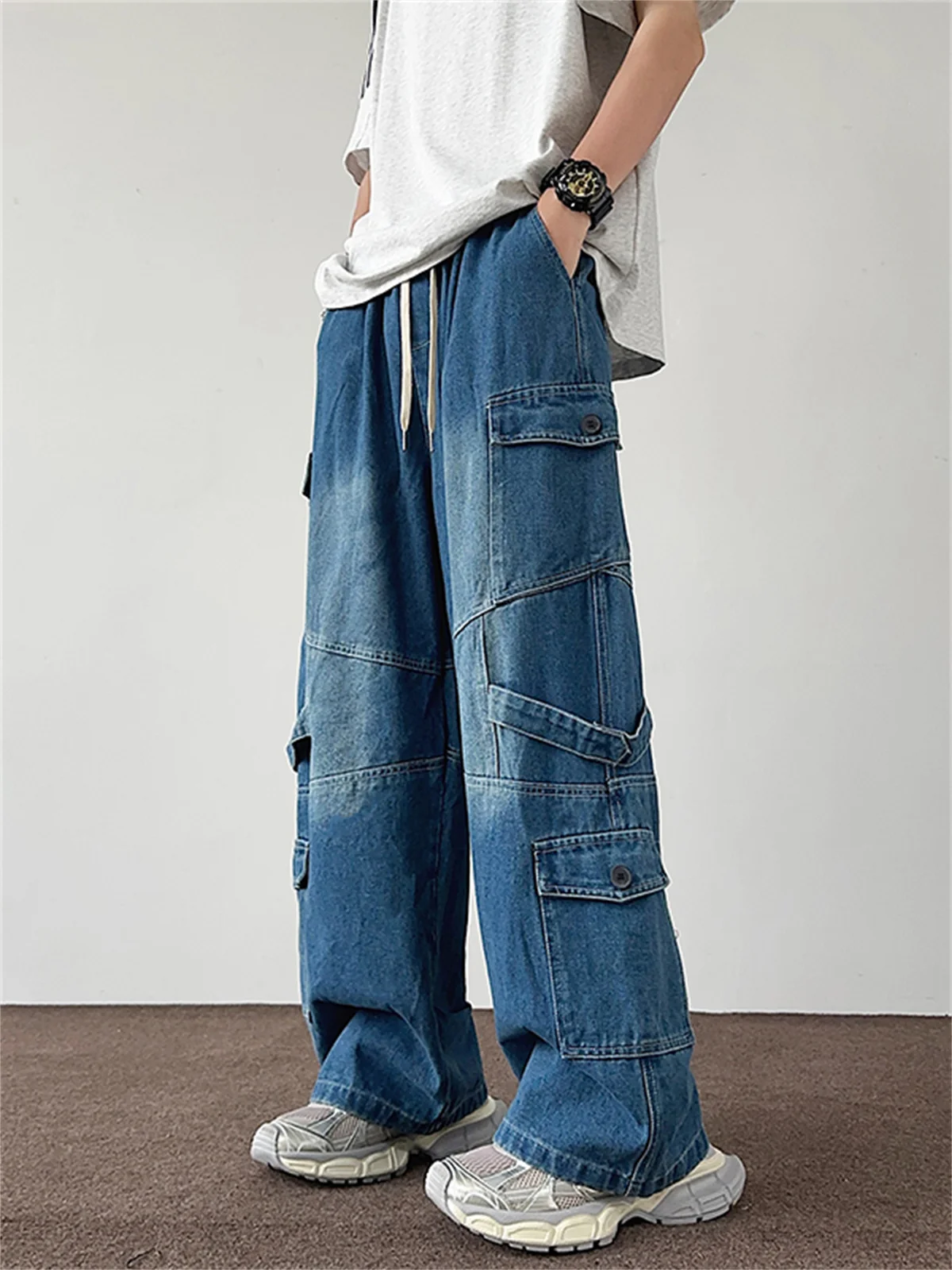 

Мужские повседневные джинсы свободного прямого кроя в американском стиле, функциональные, стильные, брендовые, длинные брюки с множеством карманов, свободные джинсы