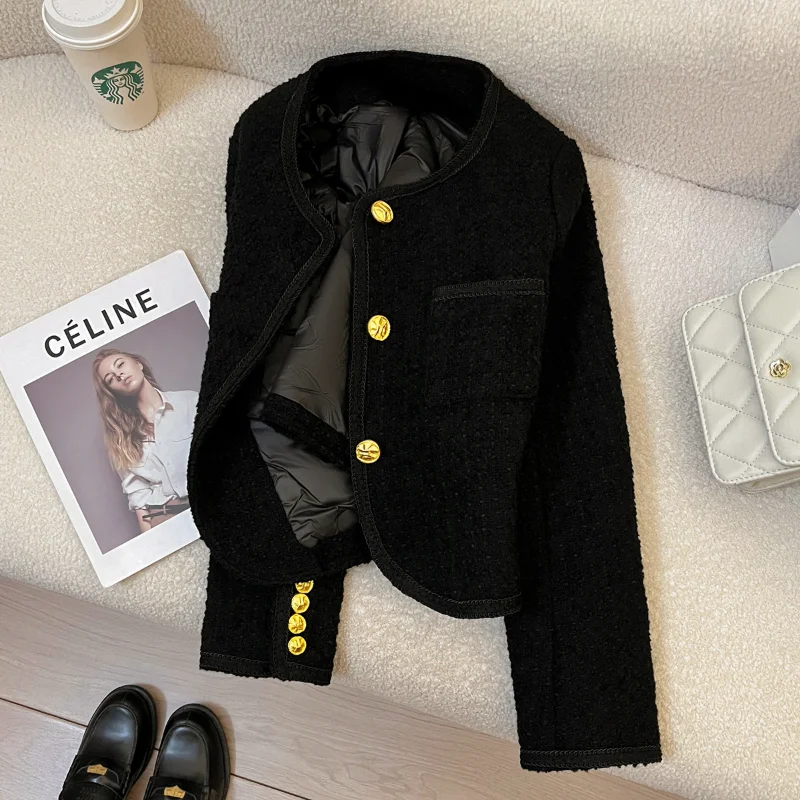 

Autumn Winter Warm Black Small Fragrant Style Down Liner Short Jacket for Women Simple Versatile French Lady Coarse Tweed Jacket