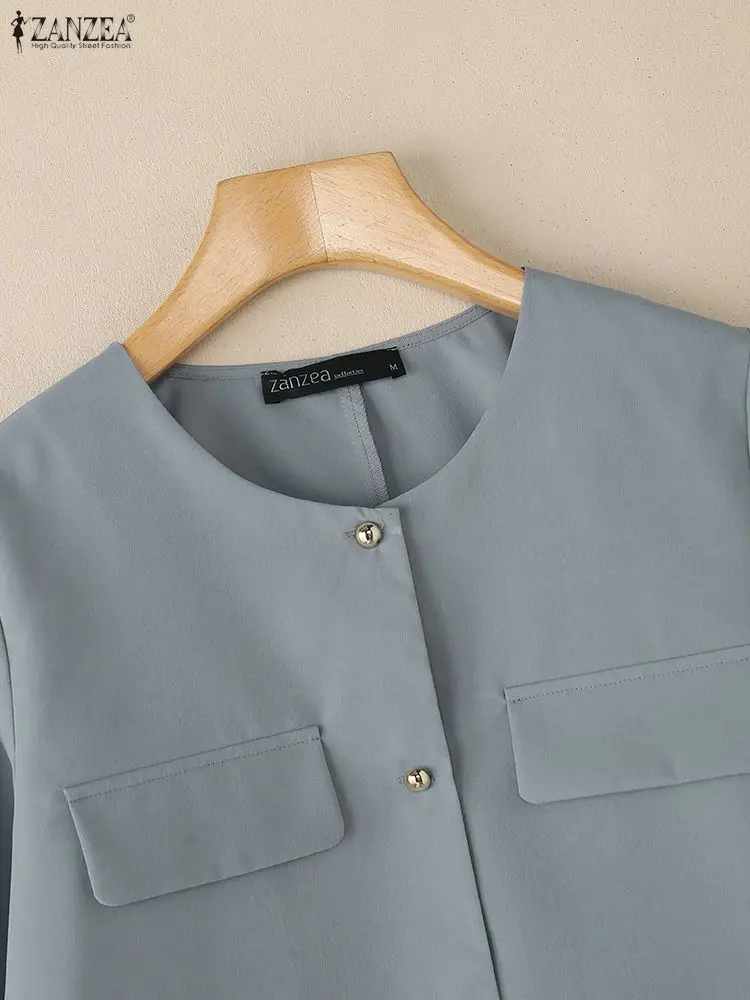 ZANZEA Giacche corte leggere da donna 2025 Autunno Elegante Chic O-Collo Manica lunga Bottoni Tinta unita Capispalla Lavoro d'ufficio