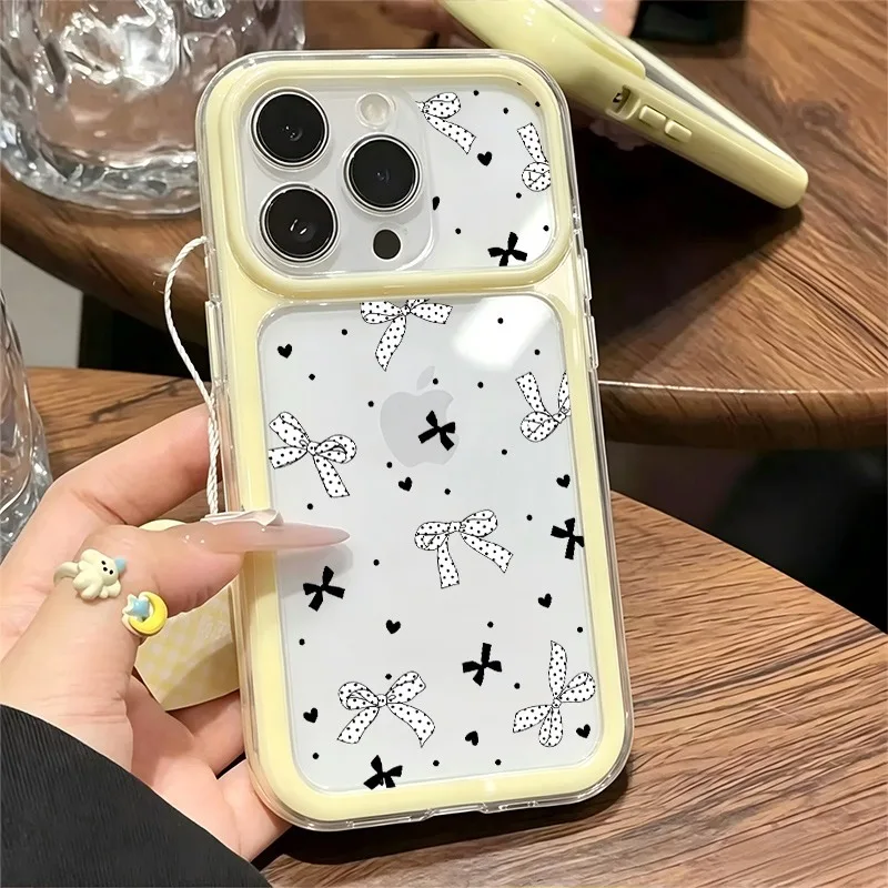 Coquette Black Bow Heart Polka Dot Print Phone Case For iPhone 11-17 Series, Large Clear Window Shockproof Soft TPU Cover