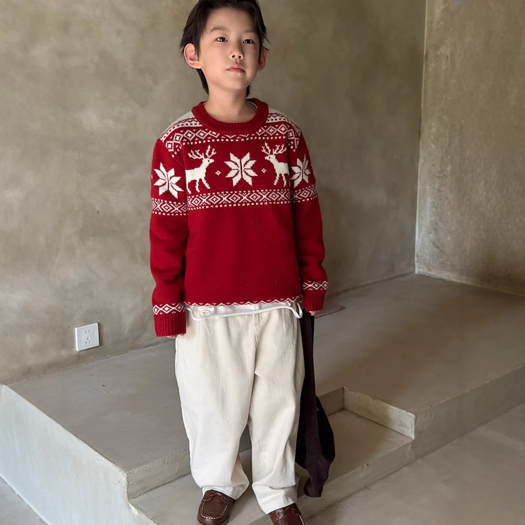 

Boys Red Sweater Autumn and Winter 2025 New Winter Bottoming Shirt Thickened Sweater Children's Pullover Knitted Sweater