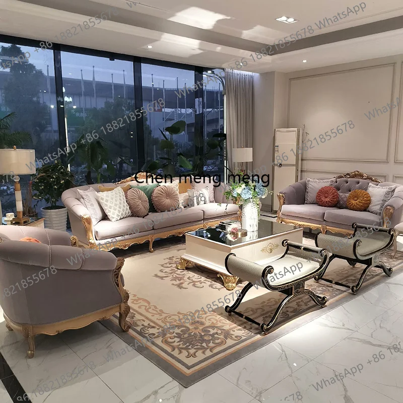 

French light luxury solid wood carved fabric sofa European style court style living room combination sofa villa