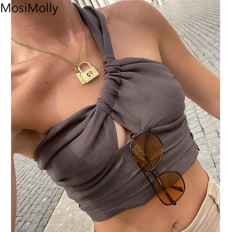 

MosiMolly 2022 Summer Cotton Tops Camisole Tops Vest Cropped Halter Neck One Shoulder Tops