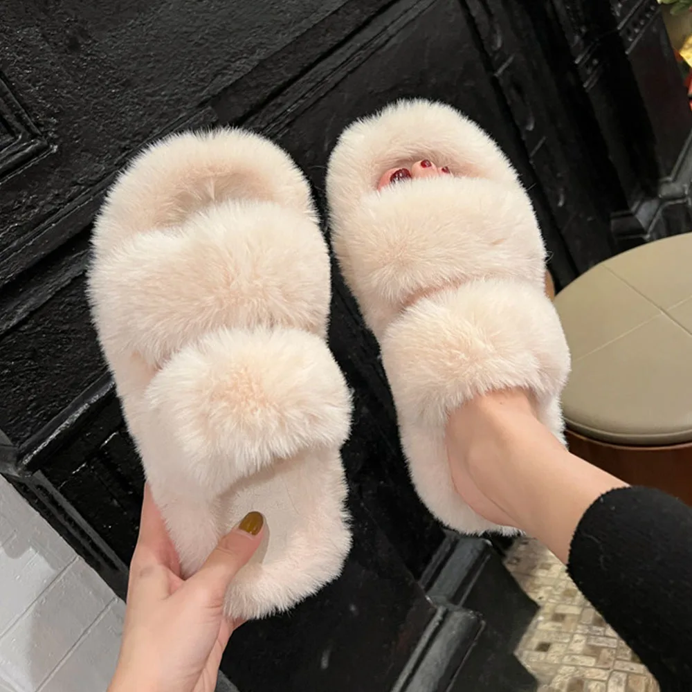 GIGIFOX Women Faux Fur Flat Slippers Outdoor Platform Low Heel Open Toe Flat Shoes Long Plush Comfort Leisure Indoor Slippers