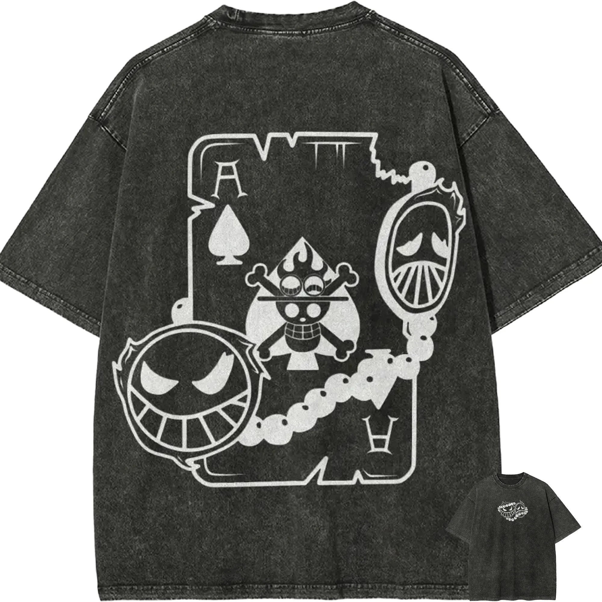 Ace T-Shirt für Herren Acid Wash One Piece Anime Poker Pik-Ass Grafik Baumwolle Vintage Streetwear Feuerfaust Lächeln Abzeichen Tee Top