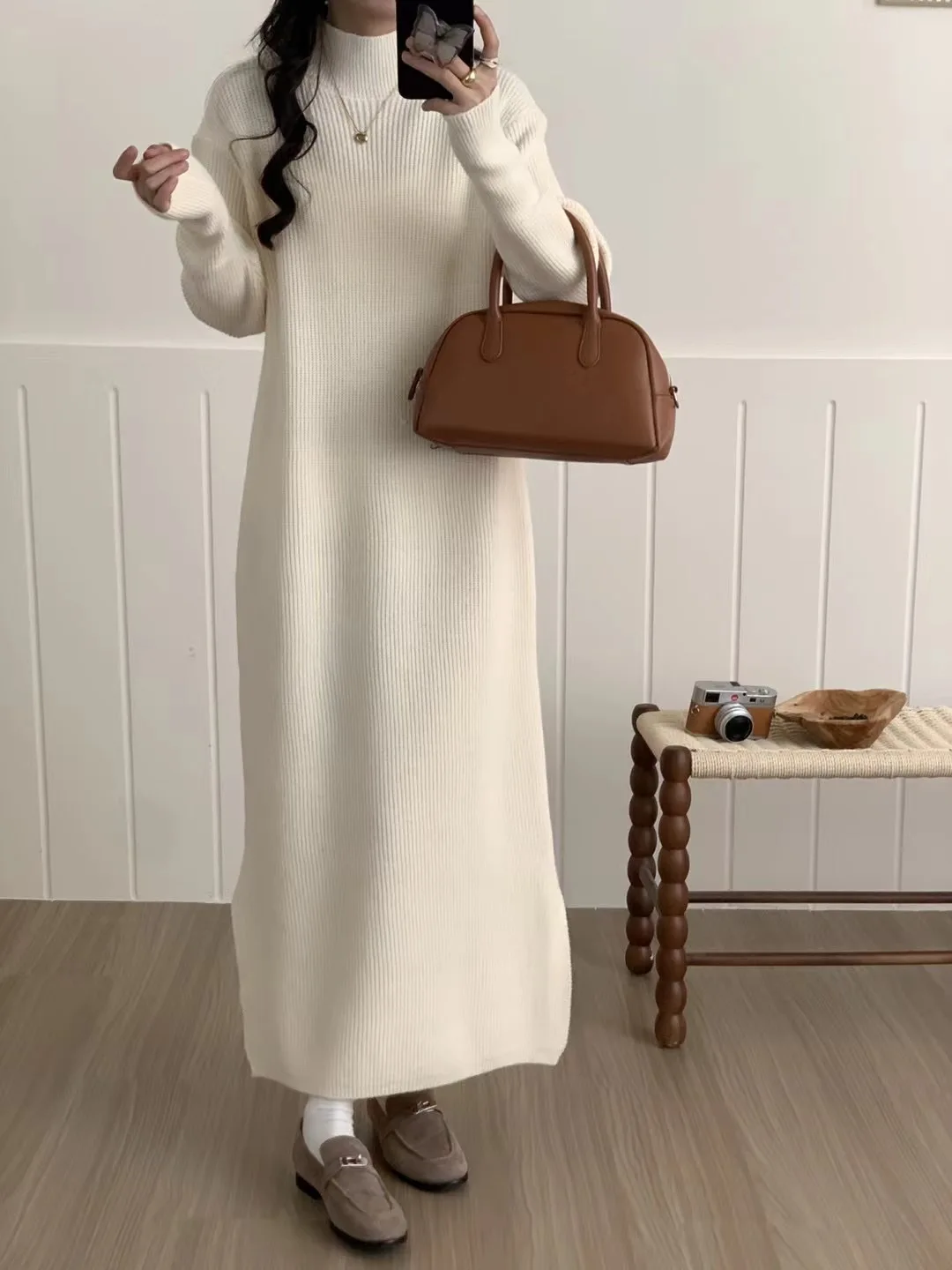 

Autumn and winter half-high-necked solid cashmere sweater women's long knee-length loose long-sleeved sweater long skirt