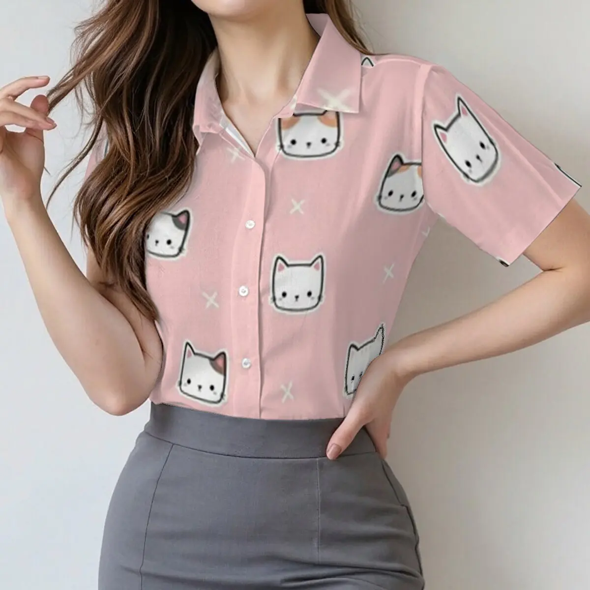 

Minimalist and Personalized Cartoon Cat Printed Women's Short sleeved Collar Shirt Summer Fashion Daily Versatile Gentle Top