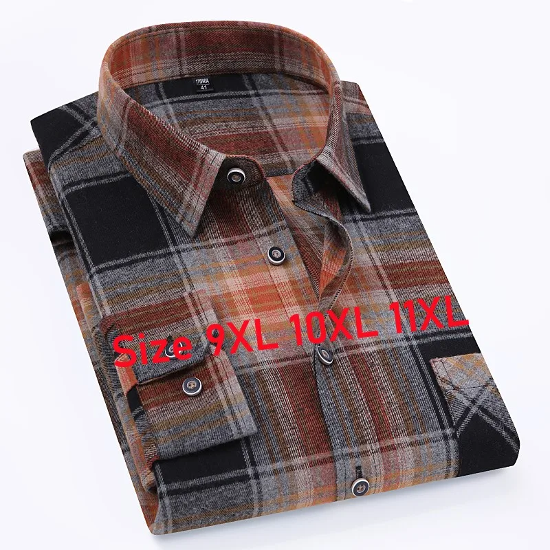 Oversize 11XL 10XL 9XL Plaid Flannel Shirts For Men Long Sleeve Cotton Fashion Casual Soft Standard-Fit Man Shirt Blouse Clothes