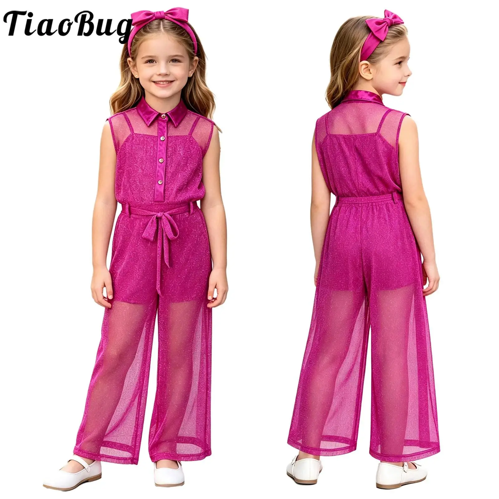 Kids Girls 2 Piece Clothing Jazz Dance Birthday Pageant Party Outfit Shimmery Mesh Wide Leg Jumpsuit with Belt Metallic Bodysuit