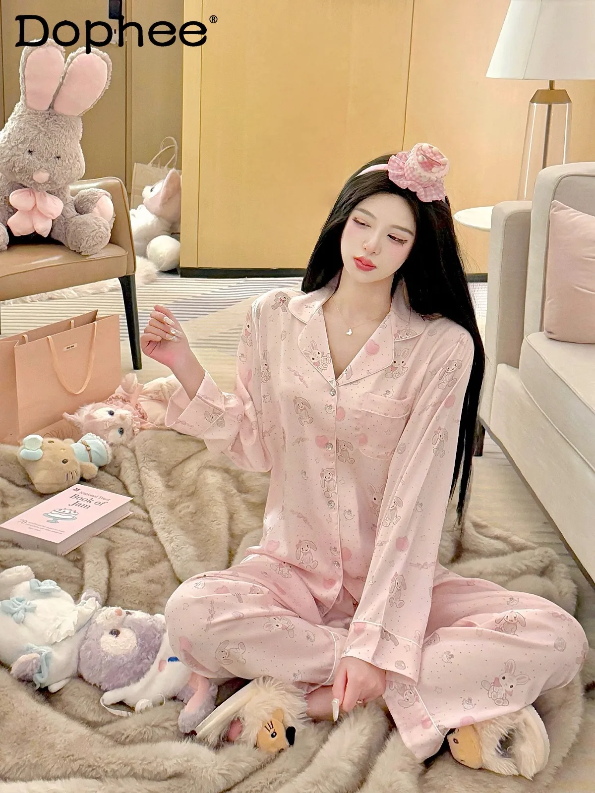 

Sweet Bunny Japanese Girl Satin Ice Silk Long-sleeved Pajamas Cartoon Cute Casual Loose Comfortable Loungewear Set