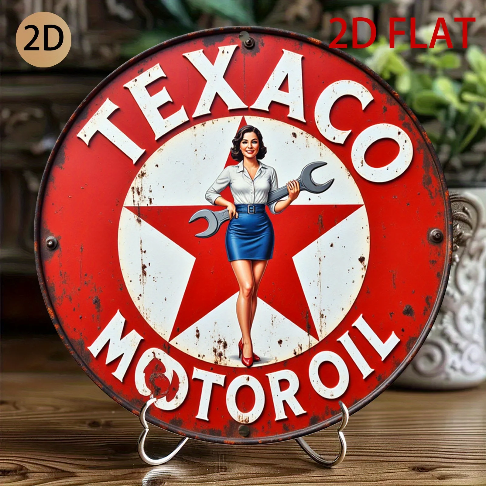 2D planar circular DeSoto engine oil wood panel signboard - Retro lady design for car-themed wall decoration  for family