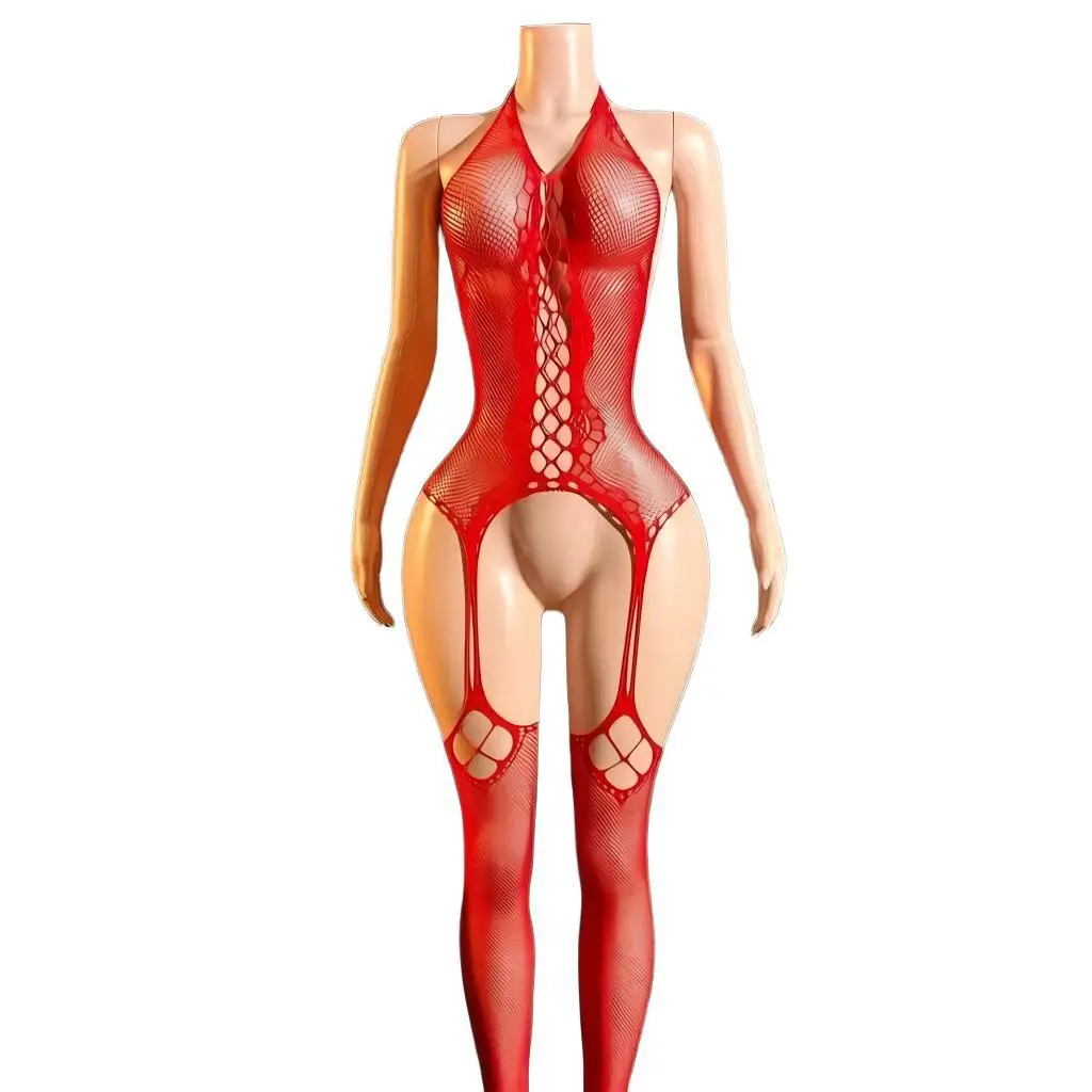 Sexy Halter Bodystocking for Women Hollow Out Fishnet Lingerie Integrated Suspender Crotchless Bodysuit Exotic Teddies Nightwear